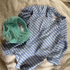 Hanna Andersson Blue & White Kids Swim Rashguard with Primary Swim Diaper